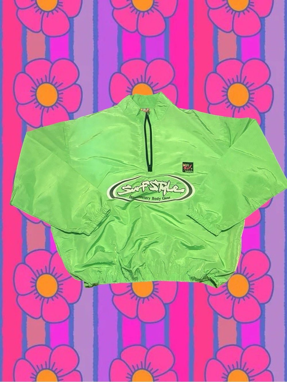90s Surf Style Neon Green Pullover Jacket with Pink Logo Accents